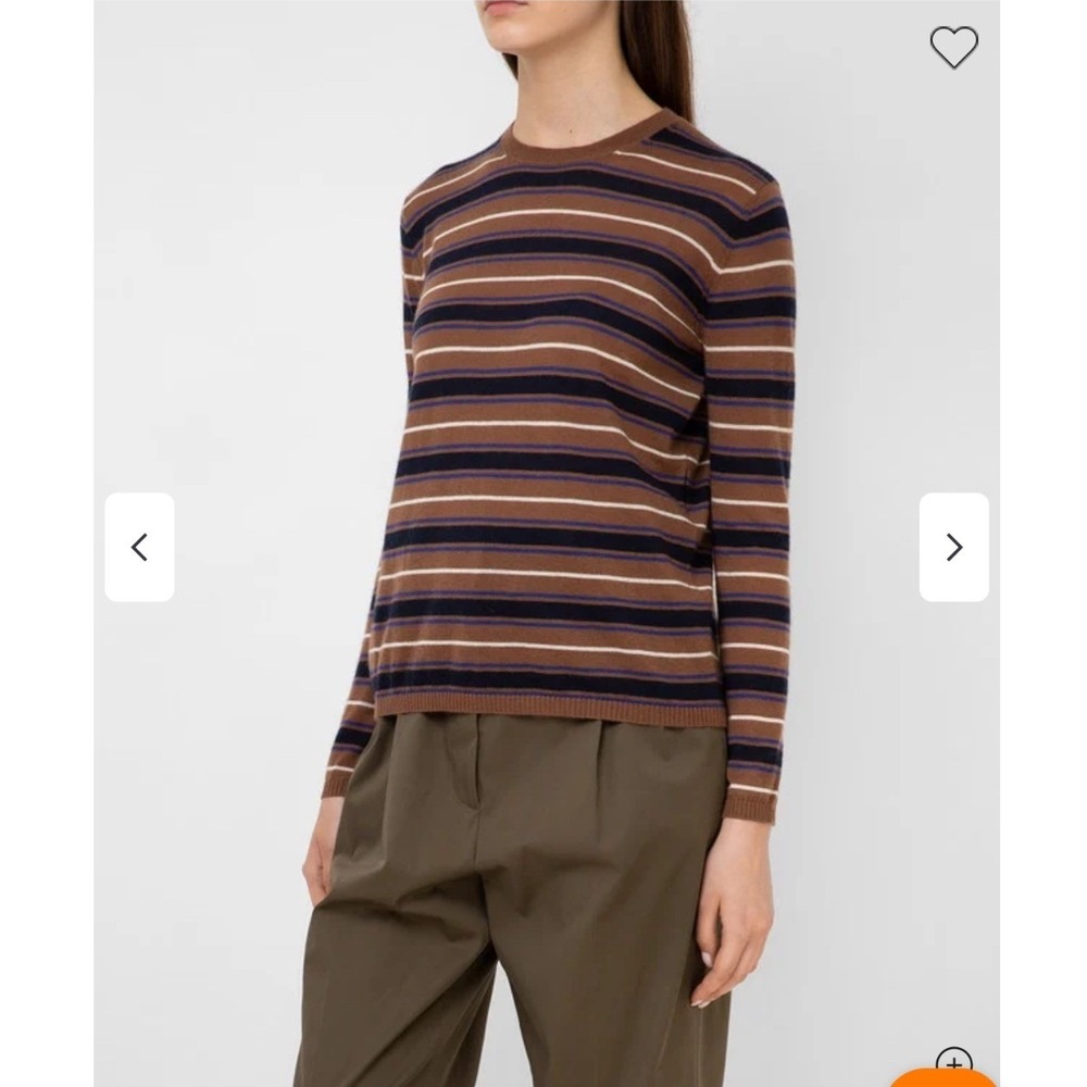 Max Mara Womens Striped Knit Crew Neck Sweater Brown Navy Blue Long Sleeve